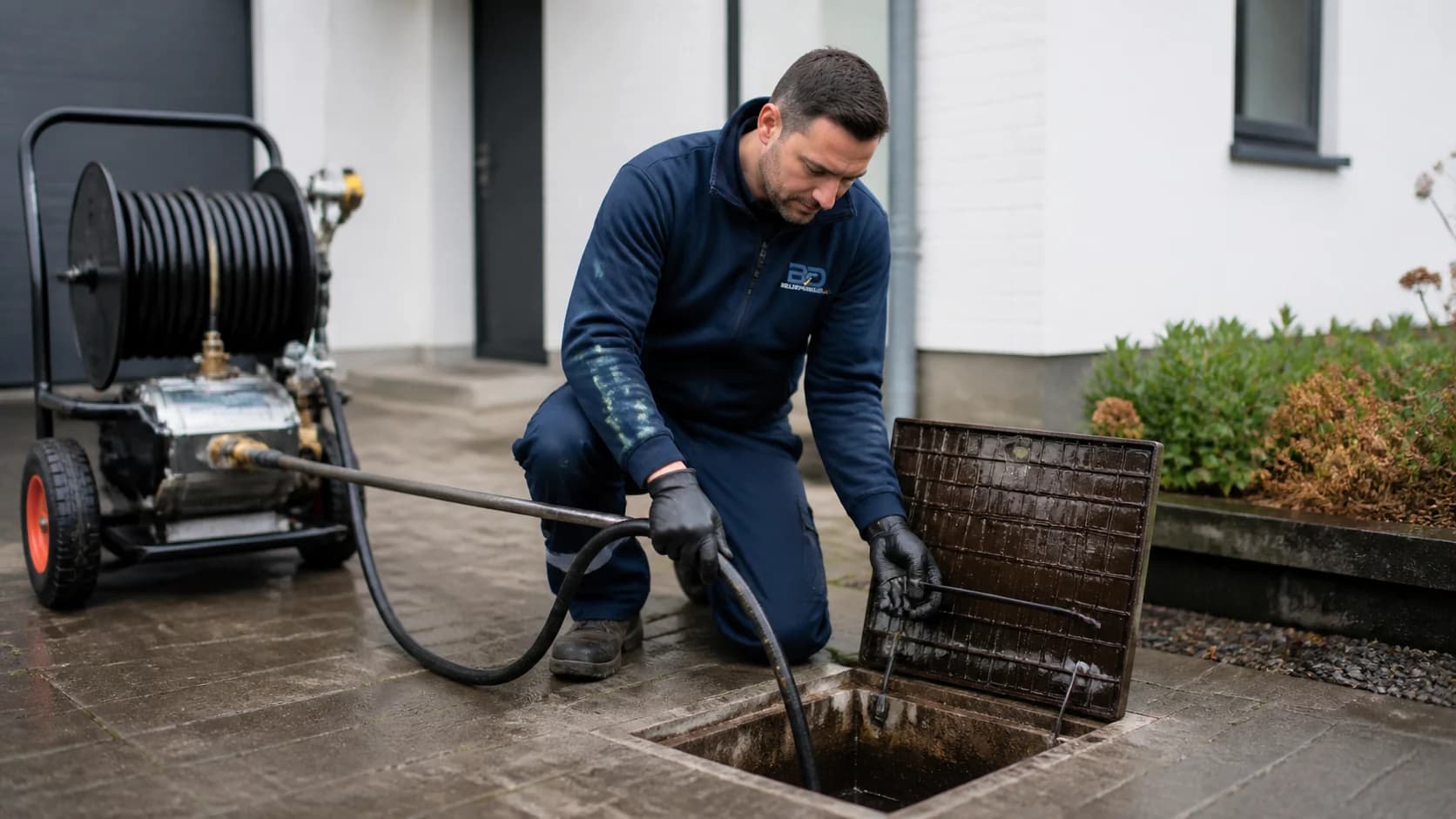Technicien Bel Dépanneur débouchant une canalisation extérieure